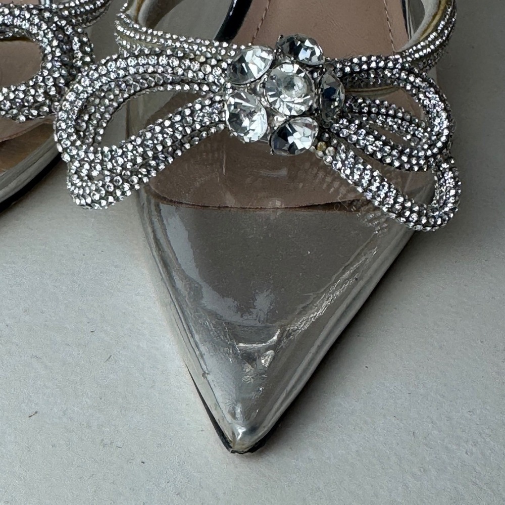Silver Metallic Clear PVC Crystal Bow Pointed Toe Heels Black Tie Wedding Prom - Picture 4 of 7